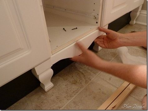 Accenting Kitchen Cabinets with decorative trim - decorative feet and furniture legs Vanity Skirt, Update Bathroom, Cabinet Update, Cabinet Legs, Vanity Cabinets, Builder Grade, Cabinets Diy, Furniture Feet, Cabinet Styles