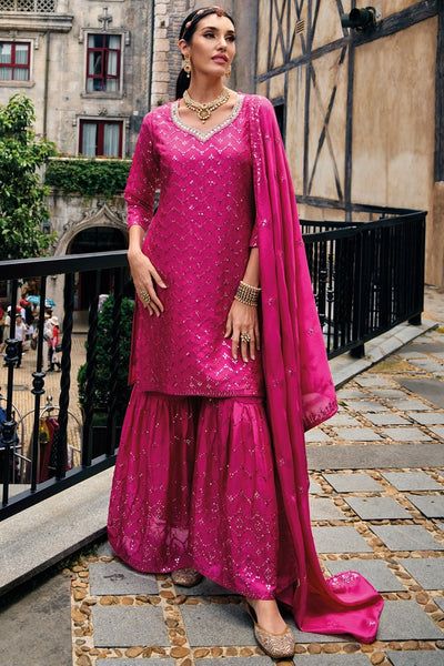 Pink Suits Women Indian, Hot Pink Sharara, Pink Suits Women, Pink Sharara, Embroidered Sharara, Diwali Outfits, Indian Party Wear, Sharara Suit, Kurta Dress