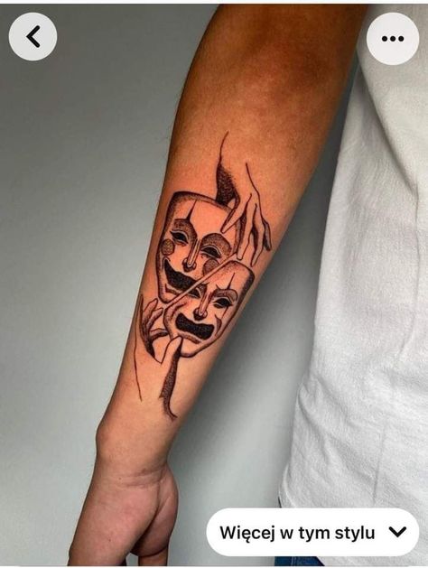 2 Faces Tattoo Men, 2 Face Mask Tattoo, Wrist Tattoos Men Sleeve, Masked Face Tattoo, Tattoo Mask Face, Two Face Tattoo Men, Two Face Mask Tattoo, Two Mask Tattoo, Theatre Faces Tattoo