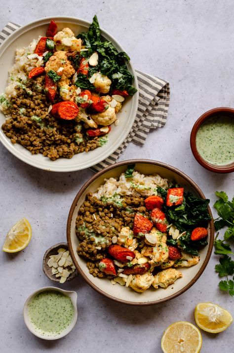 Lentil Grain Bowls with Roasted Vegetables - Upbeet Anisha Lentil Harvest Bowl, Vegan Lentil Bowl, Lentil Grain Bowl, Roasted Cauliflower Bowl, Lentil Bowl, Jackfruit Burrito, Roasted Beets And Carrots, Hummus Bowl, Roast Eggplant