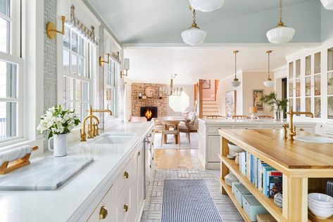 At Long Last! The Londo Lodge Kitchen Is Ready For Her Close Up FOUR YEARS Later! - Emily Henderson Emily Henderson Kitchen, Renter Friendly Upgrades, Stone Kitchen Floor, Orlando Soria, Lodge Kitchen, Wooden Island, False Wall, Appliance Garage, Green Kitchen Cabinets