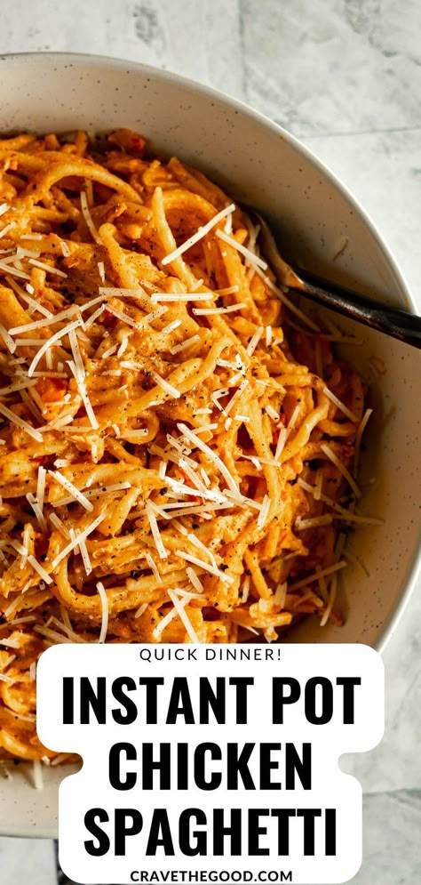 Instant Pot chicken spaghetti is a one pot, 30 minute meal. This easy recipe owes it's creaminess to cream cheese and marinara sauce. | cravethegood.com Chicken Spaghetti In Instant Pot, Instant Pot Chicken And Spaghetti, Ip Chicken Spaghetti, Instant Pot Chicken Marinara Recipes, Chicken Marinara Instant Pot, Pressure Cooker Chicken Spaghetti, Chicken Spaghetti Instant Pot Recipes, Instapot Chicken Spaghetti Recipe, Insta Pot Chicken Spaghetti