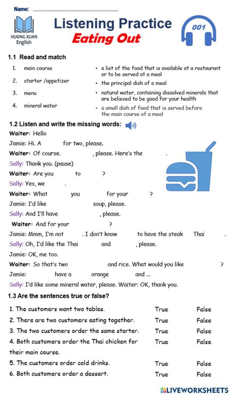 How To Order Food In English, Ordering Food Worksheet, Listening Activities For Adults, Listening Skills Worksheets, Food Worksheet, English Listening, Listening Activities, Listening Test, Teacher Activities