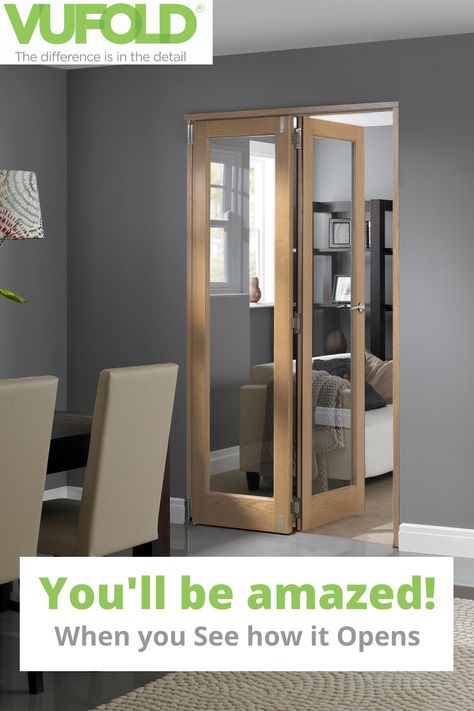 Fed up of your internal French doors being in the way? Check out our space saving Inspire doors. Available in White and Oak. You'll be amazed when you see how they open! Double Door Alternatives, Space Saving Door Ideas Bedroom, Trifold Doors Living Room, Folding Doors Ideas Space Saving, Space Saving Internal Doors, Interior Office Doors With Glass Panels, French Folding Doors Interior, Internal Folding Doors Room Dividers, Internal Bifold Doors Room Dividers