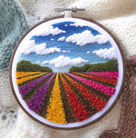 Tulip Field Embroidery, Landscape Embroidery, Tulip Field, Hand Embroidery Patterns Flowers, Handmade Embroidery Designs, Pola Sulam, Hand Embroidery Projects, Punch Needle Embroidery, Thread Painting