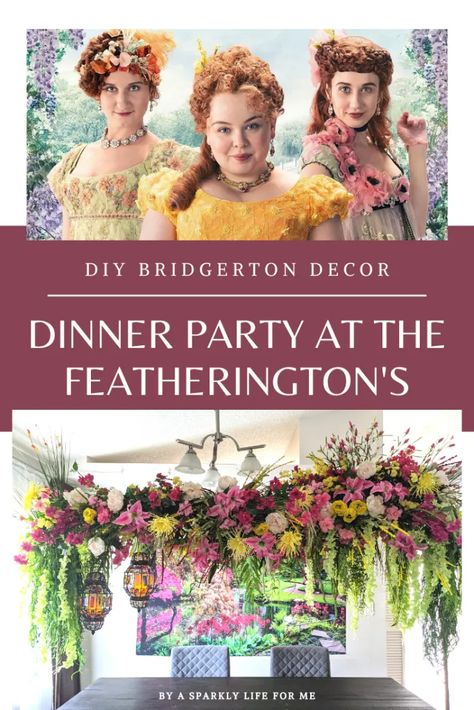 Dinner Party at the Featherington’s – Bridgerton Inspired – DIY Floral Arch Décor Brigington Party, Bridgerton Inspired Crafts, Jane Austin Party, Bridgerton Themed Party Decor, Bridgerton Dinner Party, Bridgerton Party Ideas, Bridgeton Themed Party, Diy Floral Arch, Bridgerton Christmas