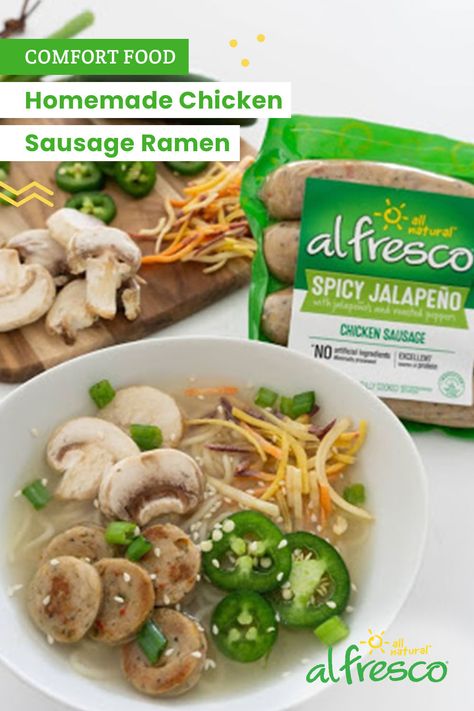 Sausage Ramen, Mushroom Ramen, Ramen Recipe, Jalapeno Chicken, 15 Minute Meals, Ramen Recipes, Chicken Sausage, Sliced Mushrooms, Spicy Chicken