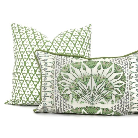 Celery Green Bedding, Thibaut Pillows, Outdoor Pillows Ideas Color Schemes, Rental Home Decorating, Printed Fabric Sofa, Green Accent Pillows, Conservatory Interiors, Blue Linen Pillows, Safari Room