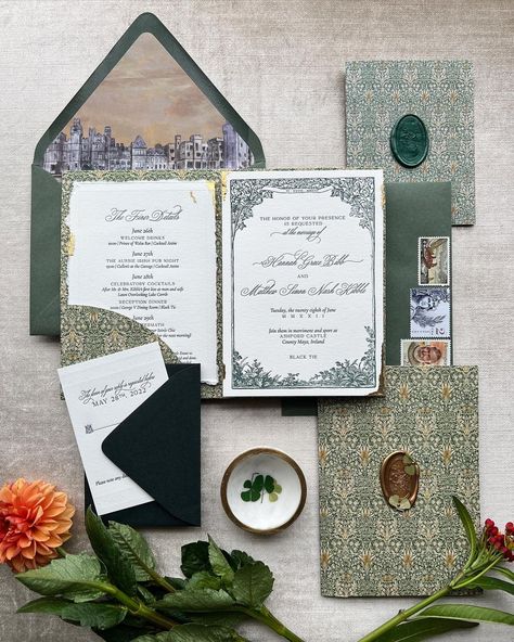 Papertree Studio on Instagram: “All the greens with a custom watercolor of the venue for this wedding in Ireland 🌿 #watercolor #irelandwedding #williammorris #waxseal…” William Morris Wedding, Wedding In Ireland, Ashford Castle, Bespoke Invitations, Ireland Wedding, Reception Dinner, Cocktail Reception, Watercolor Wedding Invitations, Green Watercolor