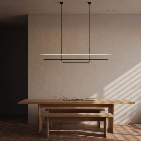 B-TD on Instagram: "Our fourth interior vignette⁠ Featuring:⁠ Reflector Linear Pendant (B-TD)⁠ Render by @chrislangleydesign" Scandinavian Eclectic, Interior Vignette, Track Lighting Kits, Bracket Lights, Chevron Wall, Linear Pendant Light, Contemporary Coastal, Matte Powder, Large Dining Table