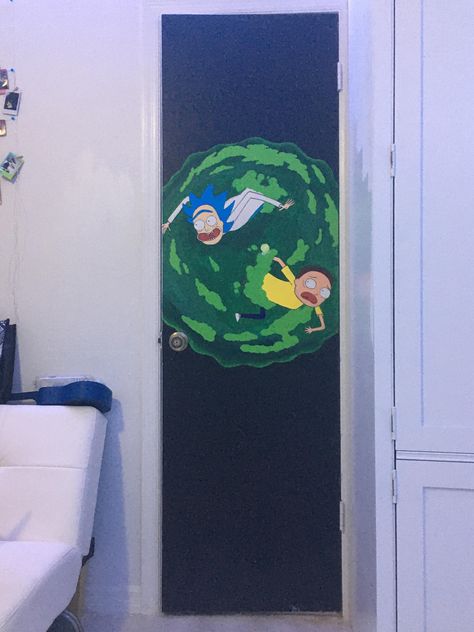 Door Painting Ideas Bedroom Aesthetic Trippy, Door Painting Ideas Bedroom Grunge, Door Painting Ideas Bedroom Boho, Trippy Door Painting, Rick And Morty Room, Trippy Wall Paintings Bedroom, Trippy Wall Paintings, Door Art Bedroom Paint, Door Painting Ideas Bedroom Aesthetic