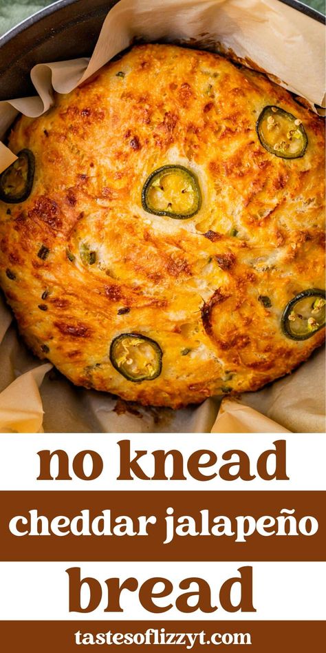 This No Knead Jalapeño Cheese Bread recipe is a perfect blend of spicy jalapeños and rich, melted cheese. It's an easy-to-follow recipe with a hands-off approach. Artesian Bread, Spicy Bread, Jalapeño Bread, Jalapeno Cheese Bread, Cheese Bread Recipe, Dutch Oven Bread, Knead Bread Recipe, Jalapeno Cheese, Homemade Bread Recipes Easy