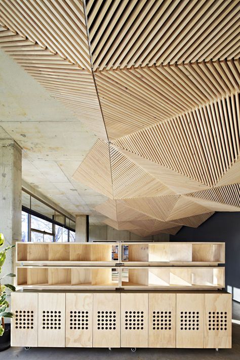 Origami inspired Wood Ceiling Assemble Studio Office Ceiling, Timber Ceiling, Australian Interior Design, Revit Architecture, Faceted Design, Interior Design Awards, Ceiling Treatments, Corporate Interiors, Commercial Architecture