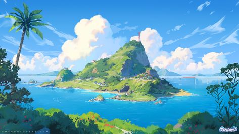 Anime Island, Water Island, Bg Design, Fantasy Island, Adventure Of The Seas, Island Art, Building Art, Fantasy Setting, Fantasy Places