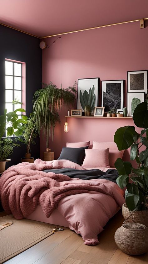 Blushing Brilliance: Pink Bedroom Decor that Shines Dark Dusty Pink Bedroom, Dark Pink Decor, Deep Pink Walls, Dark Pink Bedroom Walls, Burnt Pink Bedroom, Dusty Rose Room Decor, Dusty Pink Bedroom Walls, Powder Pink Bedroom, Deep Pink Bedroom