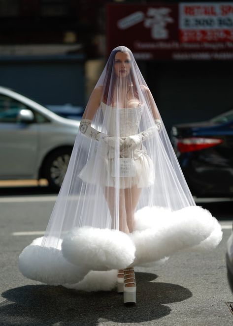 Floor Length Veil, Uncut Gems, Julia Fox, Corset Gown, Opera Gloves, Popsugar Fashion, Weird Fashion, White Pumps, Large Bow