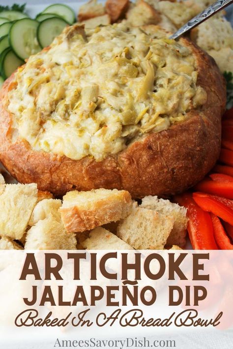 This hot Artichoke Jalapeño Dip is creamy, cheesy, and perfect for sharing with friends on game days. Pickled jalapeños give this dip a mild kick that will have everyone going back for seconds. via @Ameessavorydish Hot Artichoke Dip Recipe, Artichoke Jalapeno Dip, Jalapeño Dip, Cheesy Bacon Dip, Hot Artichoke Dip, Marinated Artichoke Hearts, Bacon Cheese Dips, Dip Healthy, Green Chilis