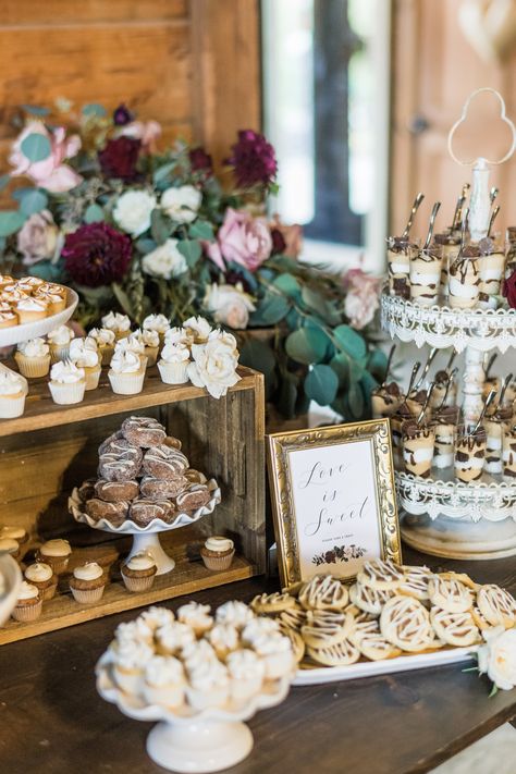 Rustic Wedding Buffet Table Ideas, Vintage Wedding Dessert Table Ideas, Fall Themed Wedding Dessert Table, Wedding Dessert Table With Candles, Cookie And Cupcake Table Wedding, Burgundy Wedding Dessert Table, Christmas Wedding Dessert Table Ideas, Boho Fall Wedding Dessert Table, Fall Wedding Desserts Table