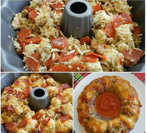 2 cans of pilsbury pizza dough and whatever else you like to taste in a pizza. Put it in a bundt pan! Pull apart bread for parties!! Bundt Pan Recipes, Pull Apart Pizza, Pull Apart Pizza Bread, Homemade Pizza Dough, Pull Apart Bread, Bread Ingredients, Food Blogs, Pizza Bread, Samosa