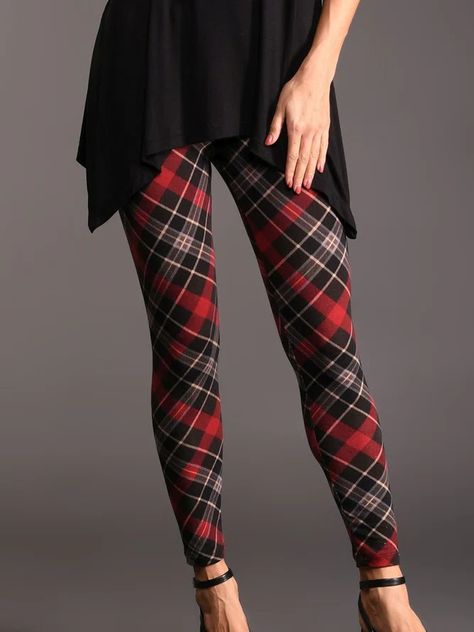 Elastic waist Checked/Plaid Printed Vintage Pants Tartan Leggings, Black Tartan, Legging Outfits, Casual Wear Women, Stretchy Leggings, Stretchy Pants, Leggings Pattern, Knit Leggings, Cotton Leggings