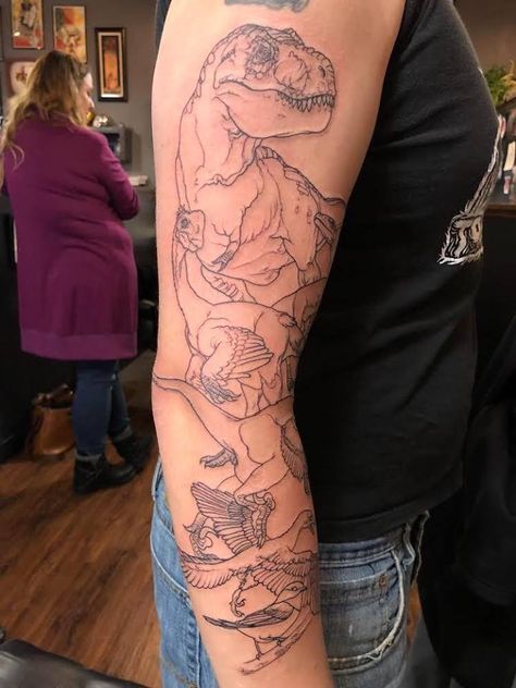 Tyrannosaurus Rex Tattoo, Dinosaur Tattoo Sleeve, Dino Tattoo, Wilderness Tattoo, T Rex Tattoo, Dinosaur Tattoo, Polka Tattoo, Tattoos Inspo, Dinosaur Tattoos