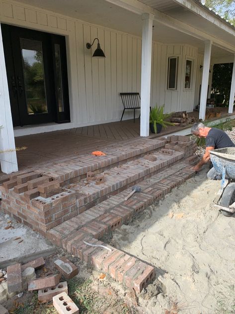 Porch Makeover Part 1: Farmhouse Porch with Brick Steps - Daly Digs Wide Front Porch Steps Farmhouse, Wrap Around Porch Ceiling, Reclaimed Brick Steps, Brick Steps Back Porch, Diy Brick Steps, Brick Over Concrete Porch, Brick Steps Front Porch Entrance, Brick Steps Front Porch, Brick Porch Ideas