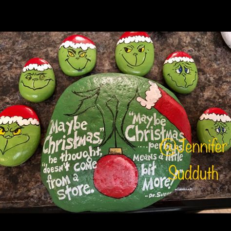 Painted Grinch rocks The Grinch Painted Rocks, Grinch Painted Rocks, Grinch Rock Painting, Grinch Ideas, Christmas Rocks, Christmas Rock, Christmas Grinch, Painting Rocks, Rock Ideas