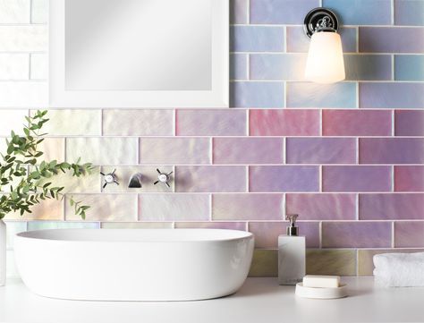 Glitter Subway Tile, Iridescent Tile Bathroom Ideas, Jeff Lewis Bathroom Design, Kids Bathroom Tiles Ideas, Bathroom Tiles Colourful, Iridescent Bathroom Ideas, Feature Bathroom Wall, Iridescent Bathroom Tiles, Holographic Bathroom