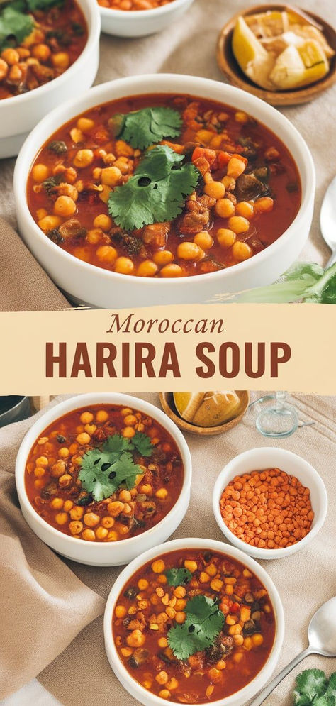 Moroccan Harira Soup: a fragrant, hearty soup made with tomatoes, lentils, chickpeas, and tender lamb. A flavorful and nutritious dish that’s perfect for cozy nights! Harira Soup, Moroccan Soup, American Test Kitchen, Chickpea Soup, Hearty Soup, Moroccan Food, Vegan Recipe, Hearty Soups, Authentic Recipes