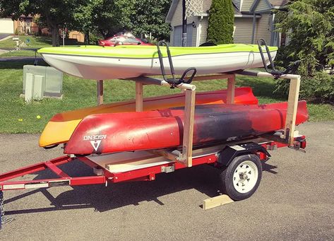 The DIY Kayak Trailer That Saves Your Back and Budget | Hiking Earth Kayak Trailer Ideas, Kayak Rack Diy, Diy Kayak Storage, Kayak Pictures, Canoe Rack, Kayak Fishing Diy, Kayak Cart, Kayak Storage Rack, Kayaking Tips