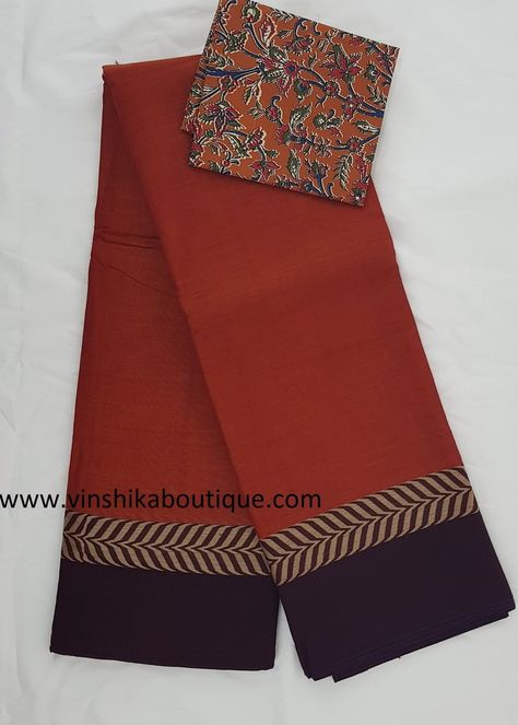 Orange color narayanpet cotton saree with kalamkari blouse Saree With Kalamkari Blouse, Kalamkari Blouse, Formal Saree, Saree Painting, New Kurti Designs, Cotton Silk Fabric, Saree Blouse Neck Designs, Cotton Saree Designs, Saree Fashion