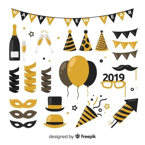 New year party elements collection | Free Vector #Freepik #freevector #gold #new-year #happy-new-year #party Party Elements, New Year Clipart, New Year Art, Party Clipart, Bullet Journal Design Ideas, New Year Party, Clipart Design, New Years Decorations, Vintage Christmas Decorations