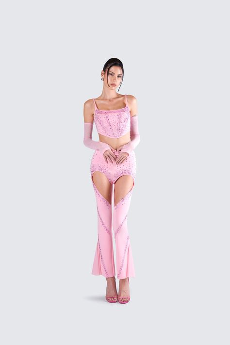 Flare Cut Out Pants, Angel Core Pants, Sheer Flare Pants, Pink 70s Fashion, Iconic Pink Outfits, Pink Popstar Outfit, Pink Fancy Outfits, Mini Skirt Over Pants, Cute Outfits With Pants