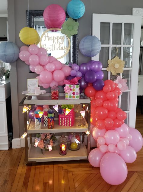 Birthday Party Bar Cart for a pre- teen Birthday Bar Cart Ideas, Cart For Birthday, Birthday Bar Cart, Snack Cart, Birthday Bar, Cake Day, 22nd Birthday, Birthday Backdrop, Happy Birthday Cakes