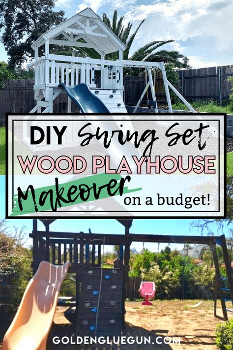 Here you can see how this free wood swingset playhouse got a trendy makeover with a DIY budget. Check it out! | https://goldengluegun.com/wood-playhouse-swingset-makeover/ Diy Wood Playhouse, Playhouse Swingset, Swing Set Makeover, Playset Makeover, Diy Playset, Wooden Play Structures, Sand Pits For Kids, Playhouse Makeover, Swing Set Diy