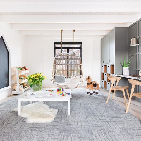 A space for little feet to explore 👣 This plush maze pattern is made to wander and sure to be soft underfoot. Thanks for sharing this design, @briannamichelledesign! https://bit.ly/33QhlnD Hanging Rattan Chair, Loft Playroom, Homeschool Room Design, Homework Room, Maze Pattern, Loft Area, Modern Desk Chair, Hanging Rattan, Basement Playroom