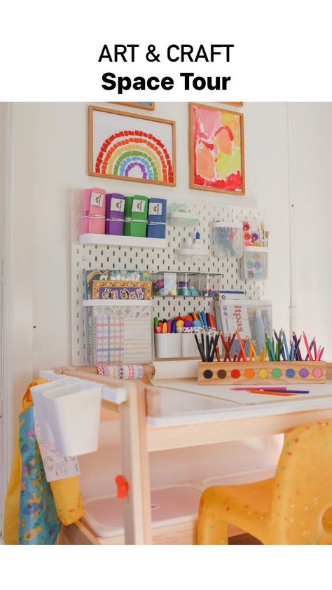 Art & Craft Desk Tour! 🖍️ You asked for it and here it is! A look around our art & craft space 🖼️ We’ve had the desk and pegboard set up… | Instagram Desk Area In Playroom, Preschool Art Station Set Up, Ikea Art Station For Kids Playroom, Art Station In Bedroom, Ikea Trofast Art Table, Art Desk Toddler, Arts And Crafts Playroom, Kids Art Area Small Spaces, Toddler Playroom Art Area