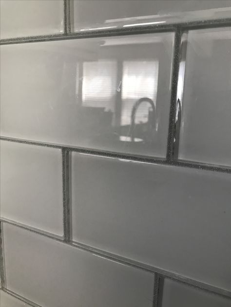 Gray Glass Backsplash Kitchen, Gray Glass Subway Tile Backsplash, Grey Glass Tile Backsplash, Silver Grout, Glass Tile Shower, Glass Subway Tile Backsplash, White Tile Kitchen Backsplash, Kitchen Cabinets Grey And White, Gray Tile Backsplash