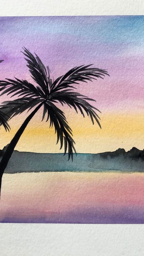 Palm Trees Watercolor Painting, Watercolor Art Palm Tree, Watercolor Palm Tree Sunset, Palm Tree Silhouette Painting, Watercolour Palm Tree, Easy Water Colors Painting For Beginners, Tropical Drawing Ideas, Small Watercolor Art, Beachy Things To Paint