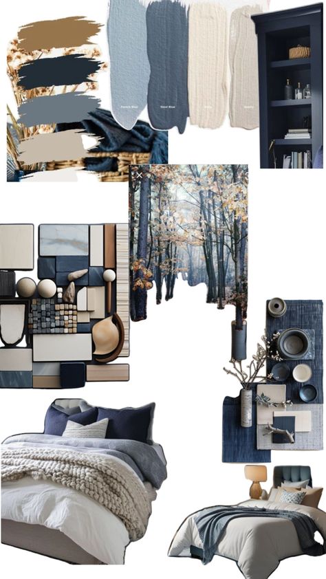 Bedroom mood board Interior Design Mood Board Navy Blue, Lakehouse Mood Board, Bedroom Moodboard Interior Design Blue, Dusty Blue Mood Board, Navy Blue Dark Academia Bedroom, Mood Boards For Interior Design, Navy And Cream Bedroom Ideas, Bedroom Mood Board Colour Palettes, Navy Blue Mood Board