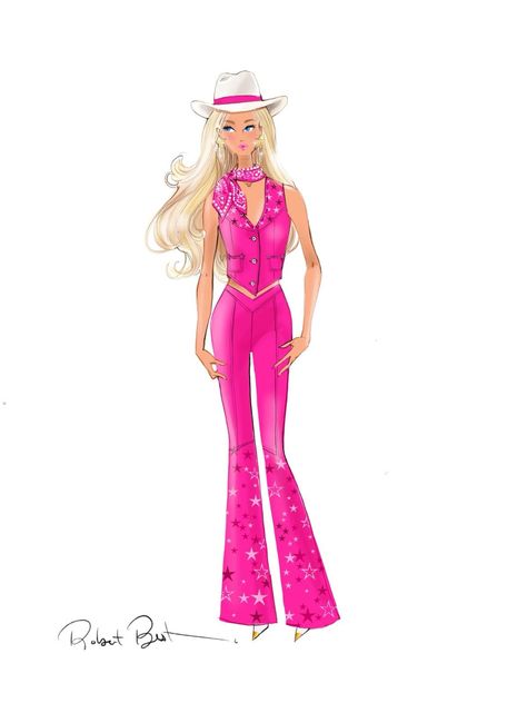 Barbie Outfits Drawing, Vintage Fashion Sketches Dresses, Barbie Cartoon Outfits, 80s Fashion Drawing, Margot Robbie Barbie Movie, Pink Cowgirl Outfit, Barbie Cookies, Robert Best, Barbie Classic