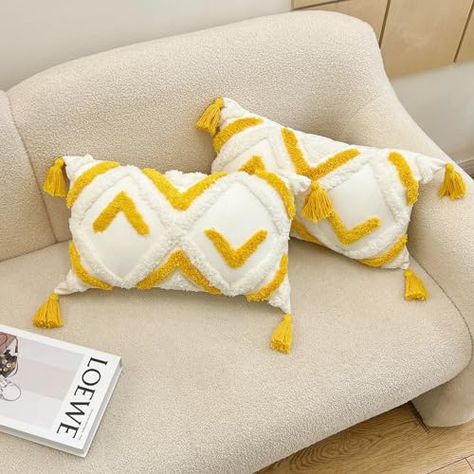 MingBo Set of 2 Boho Throw Pillow Covers Yellow and White 12x20 Inch, Cotton Woven Tufted Decorative Pillowcases with Tassel, Classic Geometric Pattern Cushion Covers for Couch Sofa Bed Farmhouse Boho Throw Pillow, Boho Throws, Boho Throw Pillows, Cushion Pattern, Sofa Couch Bed, Couch Sofa, Shabby Chic Style, Chenille Fabric, Lumbar Throw Pillow