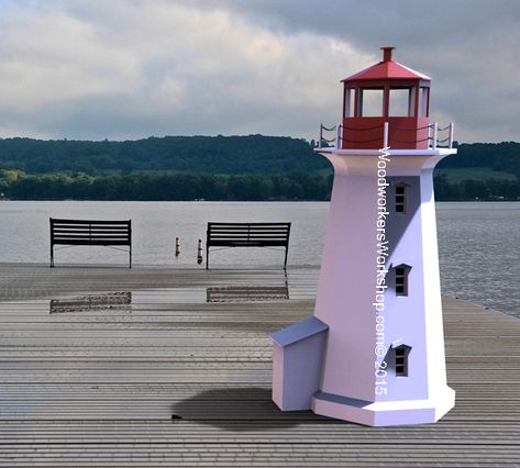 Peggy’s Cove Lighthouse project – WoodchuckCanuck.com Free Lighthouse Woodworking Plans, Yard Lighthouse, Lighthouse Plans, Garden Lighthouse, Lighthouse Woodworking Plans, Wood Lighthouse, Lake Ideas, Lighthouse Decor, Backyard Walkway