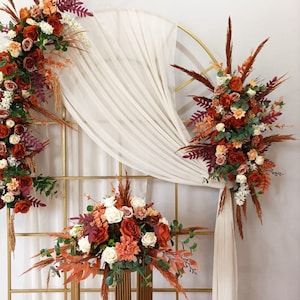 Buy Customize Orange Burgundy Flower Arrangement Wedding Online in India - Etsy Rust Eucalyptus Wedding, Fall Outdoor Wedding Flowers, Terracotta And Green Wedding Decor, Fall Wedding Flower Bouquets, Burgundy And Terracotta Wedding, Burgundy And Rust Wedding, Terracota Wedding, Flower Arch Wedding, Bouquet Fall Wedding