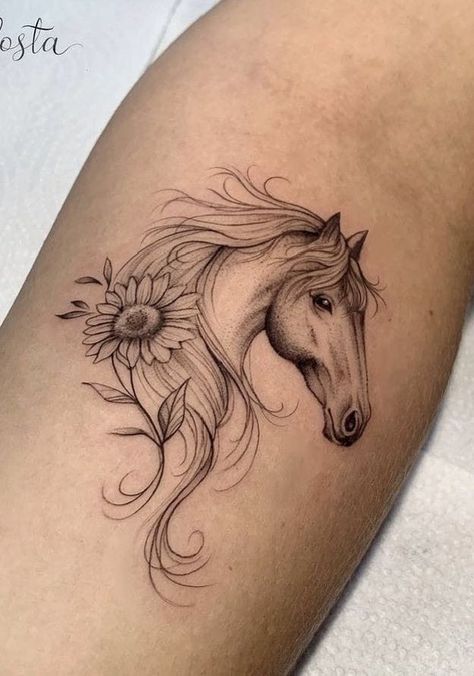 Horse With Sunflowers Tattoo, Mandala Horse Tattoo, Horse Tattoo Ideas For Women Arm, Horse Tattoos Ideas, Tattoo Ideas Female Horse, Horse Small Tattoo, Cool Horse Tattoos, Horse Floral Tattoo, Tattoo Horse Ideas