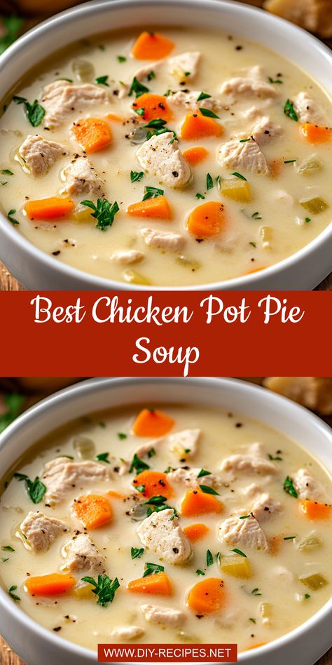 Cozy up with the best chicken pot pie soup! Packed with hearty chicken, potatoes, and a creamy broth, this recipe is perfect for chilly days. Chicken Pot Pie Soup Video, Pot Pie Chicken Soup, Chicken Pot Pie Recipe With Cream Chicken Soup, Chicken Pot Pie Soup With Noodles, Soup Recipes For When You Are Sick, Chicken Pot Pie Soup Stove Top, Chicken Pie Soup, Chicken Pot Pie Soup Crockpot, Chicken Breast Soup Recipes