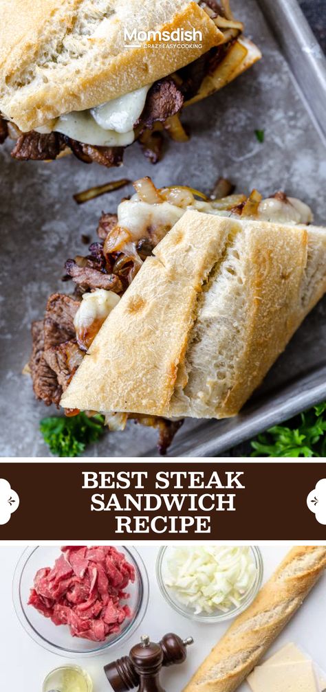 Steak sandwiches hit the spot with tender steak, caramelized onions, melty havarti cheese, and buttery baguette slices. Yum! Steak Recipes Sirloin, Steak Caprese Sandwich, Good Steak Recipes Dinners, Black Stone Steak Sandwiches, Steak And Onion Sandwich, Steak Bruschetta Recipe, Cold Steak Recipes, Irish Pub Sandwiches, Healthy Recipes With Steak