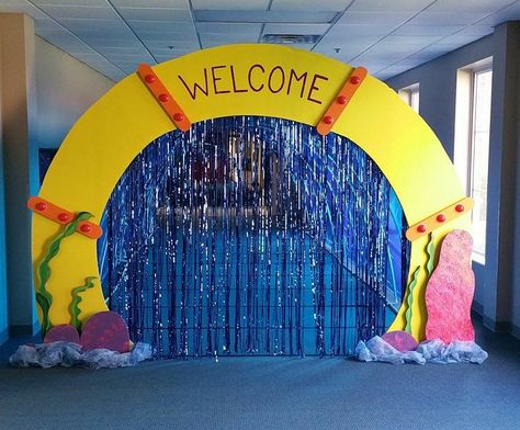 Jonah Decorations Vbs, Sea Vbs Decorations, Scuba Vbs Entrance, Ocean Themed Hallway, Under The Sea Hoco Float, Under The Sea Cutouts, Sea Of Miracles Vbs, Pier Decorating Ideas, Under Water Vbs Decorating Ideas