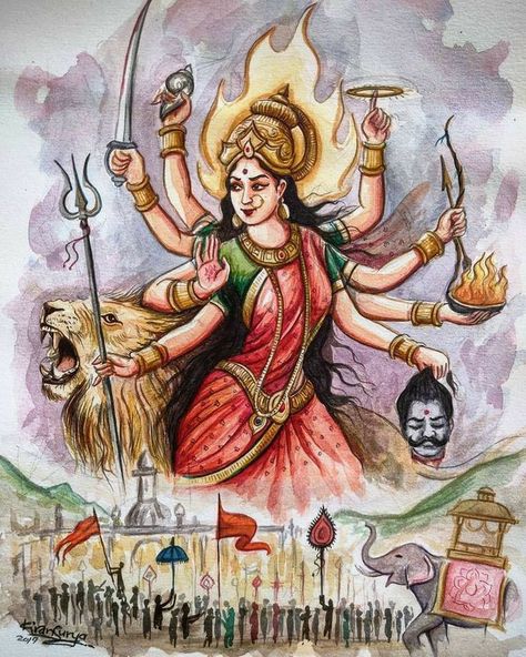 Durgai Amman, Goddess Water, Adi Shakti, Durga Ma, Bengali Art, Kali Mata, Durga Painting, Sanatan Dharma, Boho Art Drawings