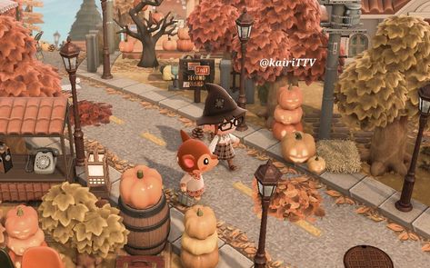 Acnh Halloween Decor, Fall Town Acnh, Animal Crossing Autumn, Acnh Halloween Island Ideas, Halloween Acnh, Acnh Autumn, Acnh Halloween, Acnh Inspiration, City Island